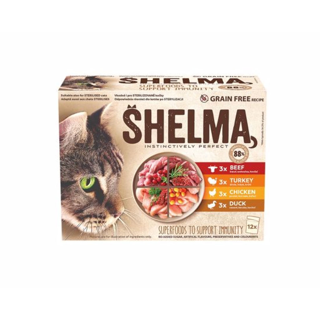 SHELMA Cat kuřecí, hovězí, kachní a krůtí, kapsa 85 g (12 ks)