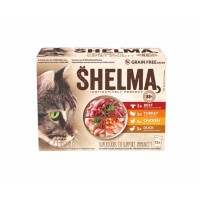 SHELMA Cat kuřecí, hovězí, kachní a krůtí, kapsa 85 g (12 ks)