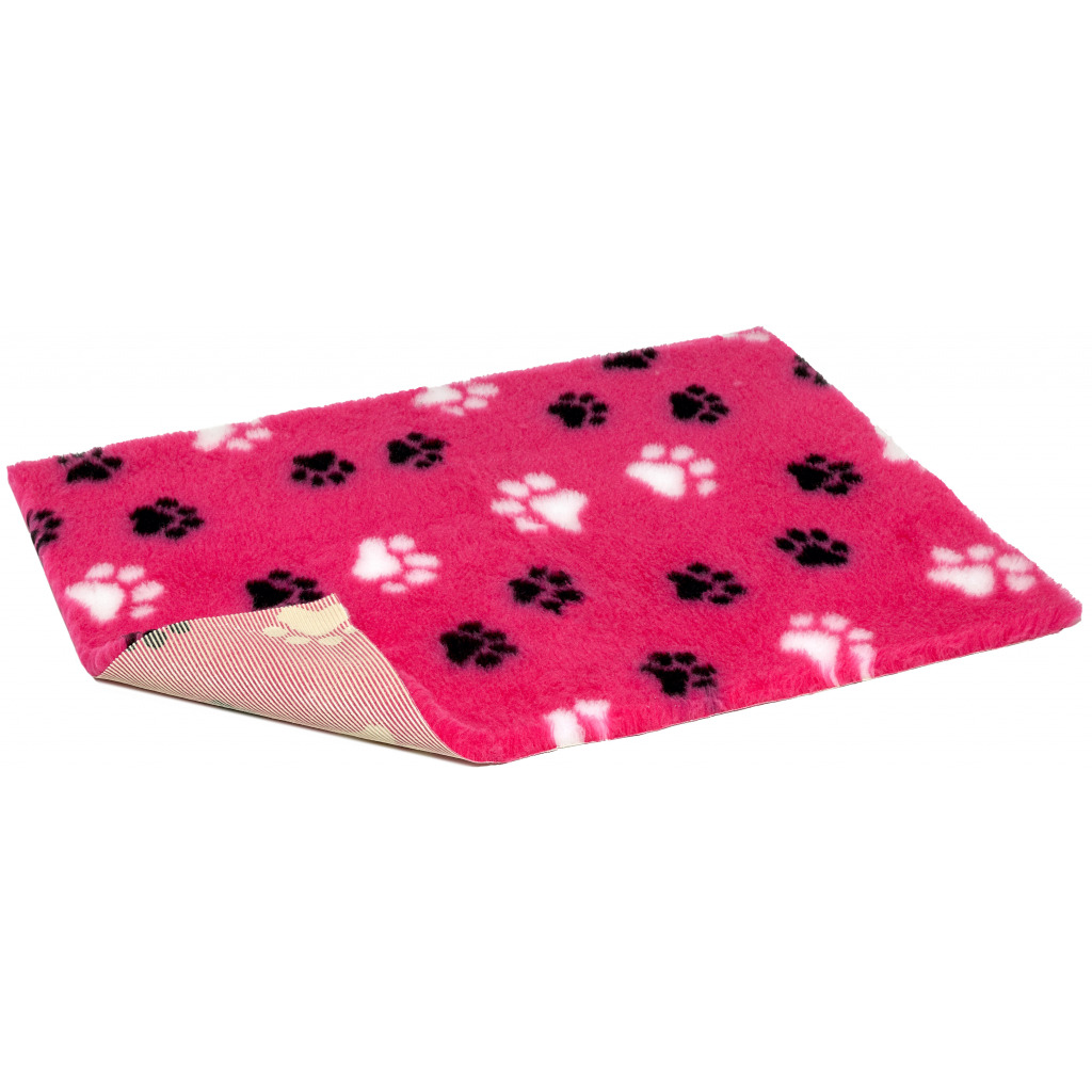 Vetbed protiskluz / Drybed Růžová černé a bílé packy DELUXE 100x75 cm, vlas 30 mm