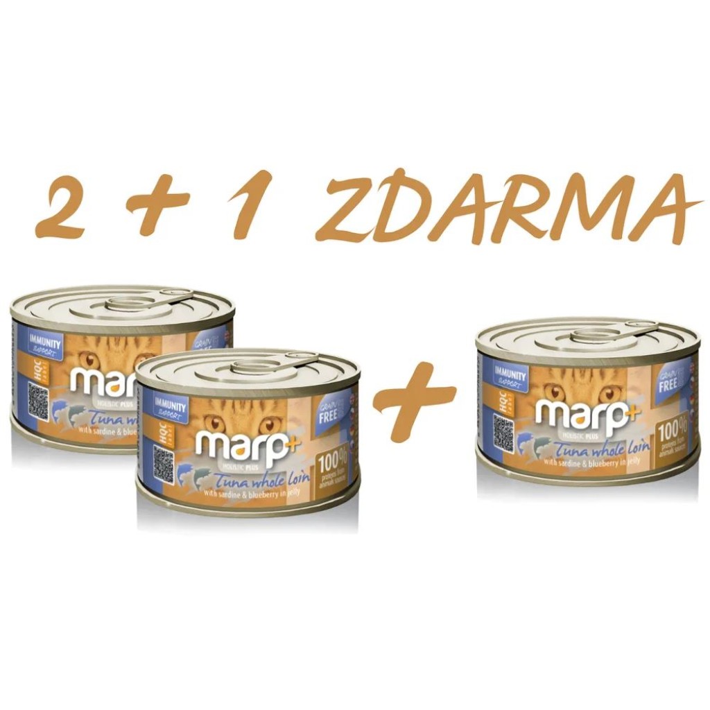Marp Holistic Plus konzerva pro kočky – Tuňák se sardinkami a borůvkami v želé 70g  - 2 + 1ks ZDARMA