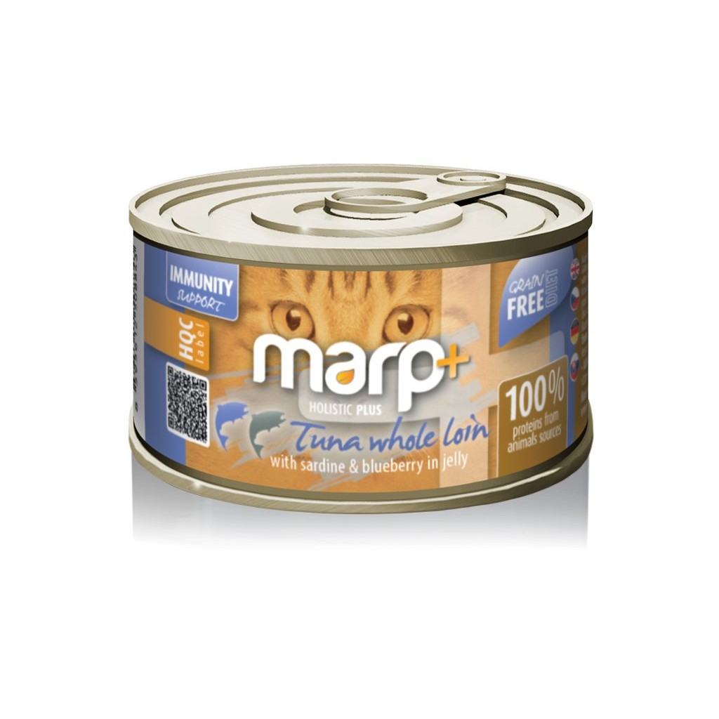 Marp Holistic Plus konzerva pro kočky – Tuňák se sardinkami a borůvkami v želé 70g